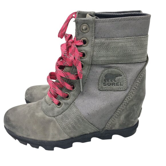 Sorel Lexie Wedge Lace Up Boots Women’s Size 8.5 Leather Canvas Quarry Gray - Picture 2 of 15
